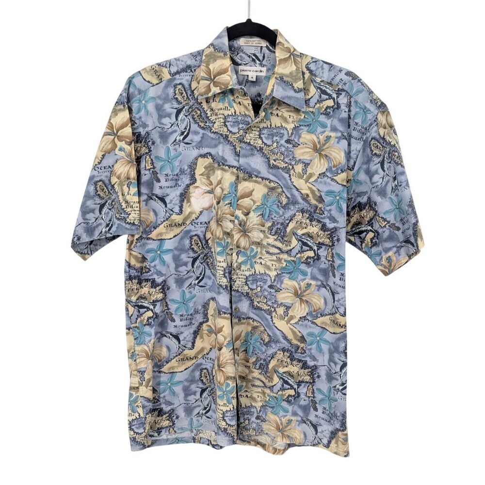 Vtg 90s Pierre Cardin Tropical Mao Print Shirt Button Up Coastal Resort Size M